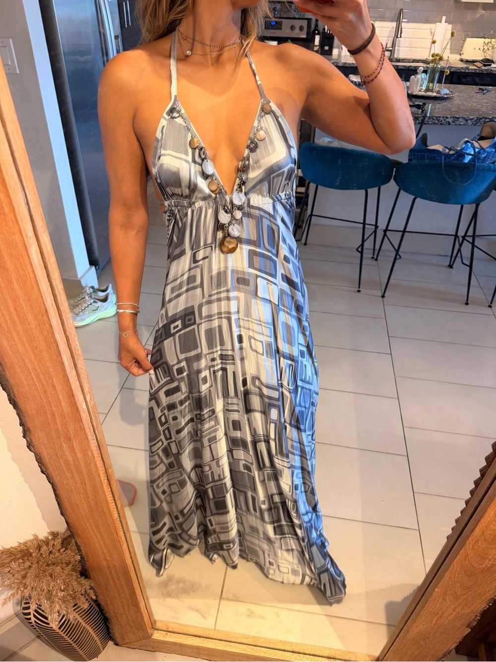 Vintage 90s Emilio Pucci Grey Geometric Halter Maxi Dress - Picture 7 of 10